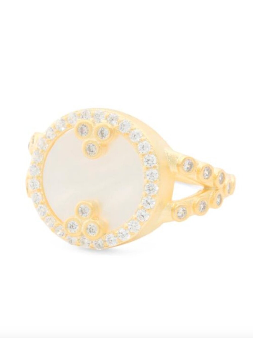 FREIDA ROTHMAN 14kt Gold Plated Mother of Pearl Ring with Crystal Icon Halo 7